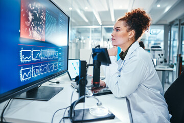 Aufkleber - Computer screen, science and thinking with woman in laboratory for development, innovation or research. Analysis, display and pharmaceuticals with scientist at work on medical biology or discovery