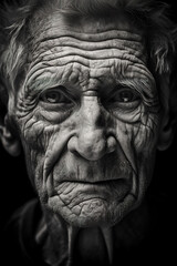  Senior man with wrinkles headshot in black and white