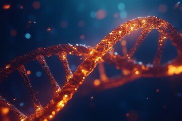 Wall Mural - the dna double helix is highlighted with blue and white lighting against a dark background, symboliz