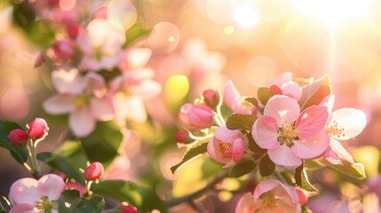 Close up view of pink blossoms on an apple tree in spring sunlight