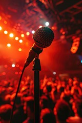 Wall Mural - Close-Up of Microphone on Stage with Blurred Concert Crowd and Vibrant Red Lighting in Background