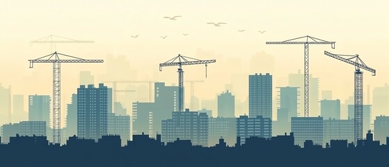 Urban skyline with construction cranes, representing growth and development in a modern city landscape.