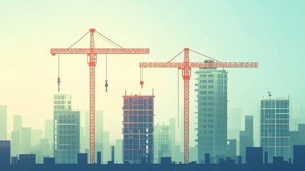 Modern skyline featuring construction cranes and buildings under development against a soft gradient sky.