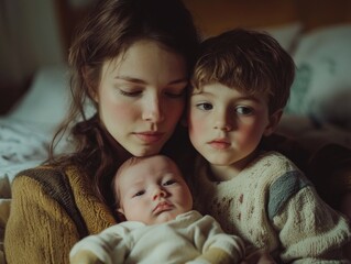 A mother holds her baby close as a young boy stands nearby, highlighting family bonding