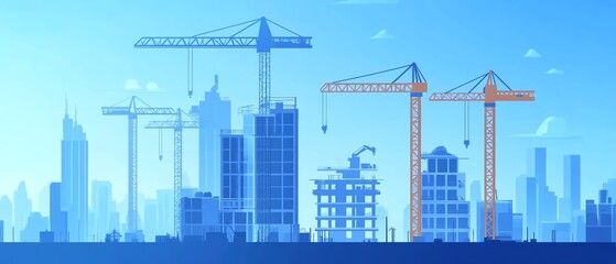 A vibrant skyline featuring construction cranes and urban development, illustrating progress and modern architecture.