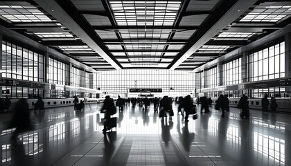 The busy station lobby, spacious space and bright windows, and the black and white effects show a classic atmosphere.