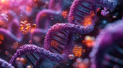 Microscopic illustration of folate (vitamin B9) molecules, diverse forms in vivid colors, merged with DNA replication diagram, emphasis on cell division, cool purple hues