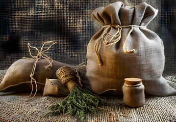 Canvas Print - hemp products, such as, sackcloth, bag and rope