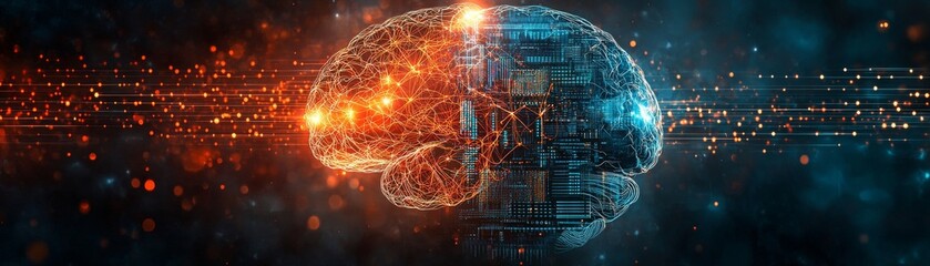 Photorealistic brain merged with AI processor, intricate neuron connections transitioning to digital pathways, emphasis on symbiotic relationship, abstract data flow background