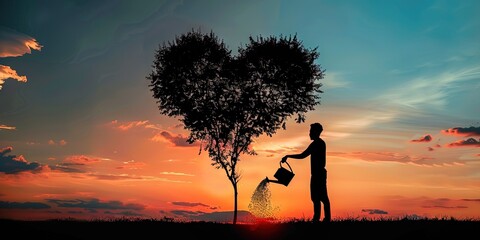 silhouette of man watering heart shaped tree 