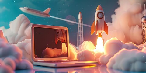 Wall Mural - 3D animation rocket launching from laptop 