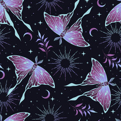 Wall Mural - Magic purple seamless pattern with moths. Boho magic background with space elements stars. 