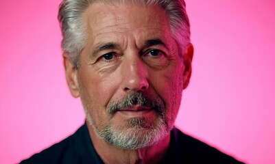 Wall Mural - Portrait of mature man with grey hair and beard on pink background