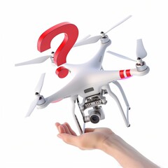 White Drone with Red Question Mark Held by Hand