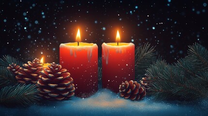 Poster - A cozy winter scene featuring red candles, pine cones, and snowflakes, perfect for holiday decorations and festive ambiance.