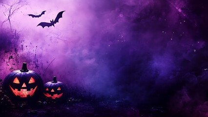 Wall Mural - A fun Halloween party banner for October events, purple background and scary smiling pumpkins.