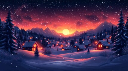 Sticker - A serene winter landscape with snow-covered mountains, cozy homes glowing under a vibrant sunset sky, creating a peaceful ambiance.