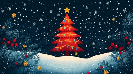 Wall Mural - A vibrant Christmas tree adorned with lights standing in a snowy landscape, filled with falling snowflakes and festive colors.