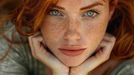 Wall Mural - Beautiful redhead woman hand resting on chin, gazes intently at the camera with a angry expression 