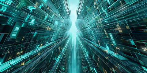 Futuristic teal and black cityscapes with glowing lines, representing technology and innovation. 
