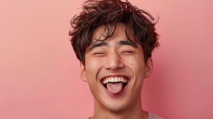 Wall Mural - Handsome laughing korean man with stylish hair, tongue sticking out, peace gestures funny facial expressions