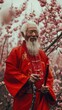 © cff999 - an old man in red robes standing in front of a cherry tree
