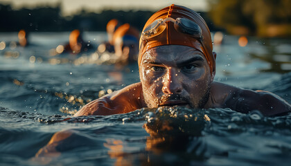 A man in an orange swim cap is swimming in a pool