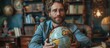 © GoDress - Man Holding a Globe in a Library Setting