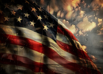 Wall Mural - AI generated closeup of grunge vintage dark american flag blowing wind at USA independence day