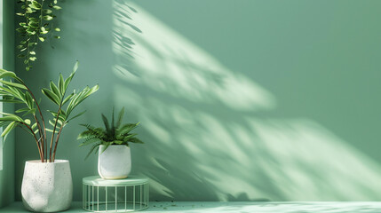 Aufkleber - Houseplants casting shadows on a minimalist interior table against a green wall