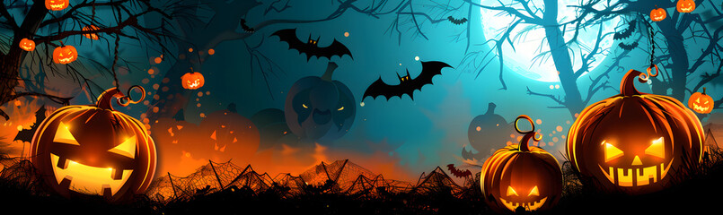 Wall Mural - Happy Halloween banner. Halloween pumpkins and bats. Vector illustration.