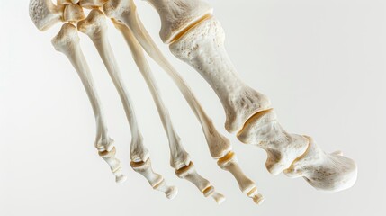 Close-up view of a model human foot skeleton showing the tarsal, metatarsal, and phalanges bones on a white background