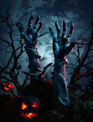 Sticker - Zombie hands rising in dark Halloween night.