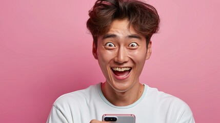 Poster - Beautiful korean man excited surprise face expression, holding smartphone, white teeth, beautiful stylish hairstyle