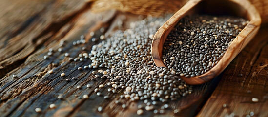 Wall Mural - Close-up view of organic chia seeds with a wooden scoop on a wooden surface, ideal for a copy space image.