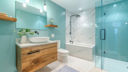 This contemporary bathroom is designed with a stylish glass shower, warm wooden accents, and calming colors, resulting in a peaceful and welcoming atmosphere