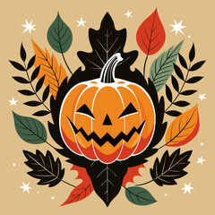 Wall Mural - Halloween pumpkin bouquet of autumn leaves vector illustration