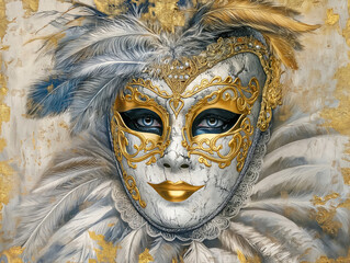 Poster - A gold and white mask with a blue eye and gold trim