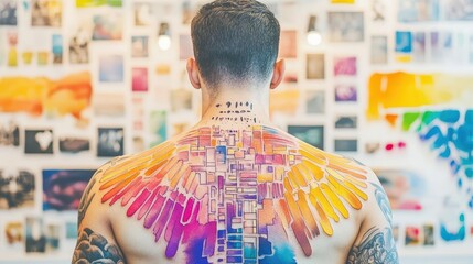 Man with colorful wings tattoo on his back.