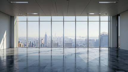 Canvas Print - Sunlight streaming through large windows illuminating an empty modern open plan office overlooking new york city