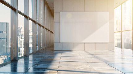 Wall Mural - Sunlit empty office lobby with a big blank frame on a wall, perfect for your advertisement