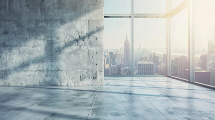 Poster - Sun shining through large windows in an empty office with concrete walls and a view of the new york city skyline