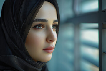 Poster - Arabian woman in traditional hijab clothes living in big city having modern life sports job leisure Generative AI