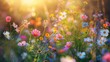 © Thanedpol - A delicate flower background showcasing a field of blooming wildflowers in a myriad of colors, bathed in soft sunlight, with gentle breezes causing the petals to sway and create a tranquil,
