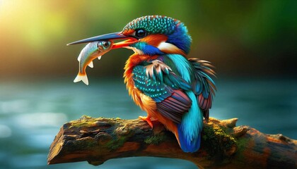 Kingfisher on branch with holding fish