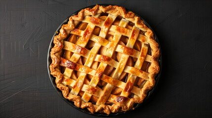 Apple pie top view on black background, English American cuisine, copy space, layout