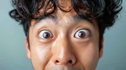 Wall Mural - Korean man with amusing facial expression, eye look up, isolated background