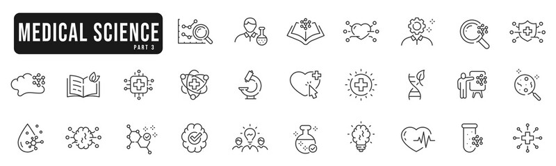 Wall Mural - Medical lab icons set 3. Science, dna, molecules research line icon set. Editable strokes