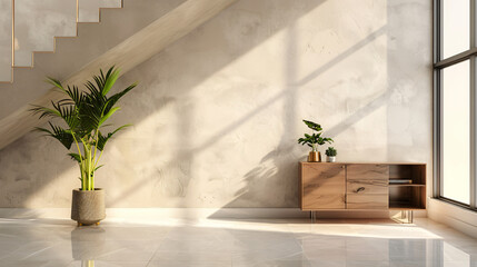 Wall Mural - Designing an empty room with concrete wall, wooden floor, and large window