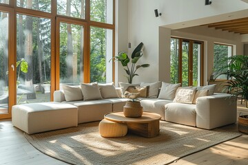 A large living room with a white couch and a coffee table